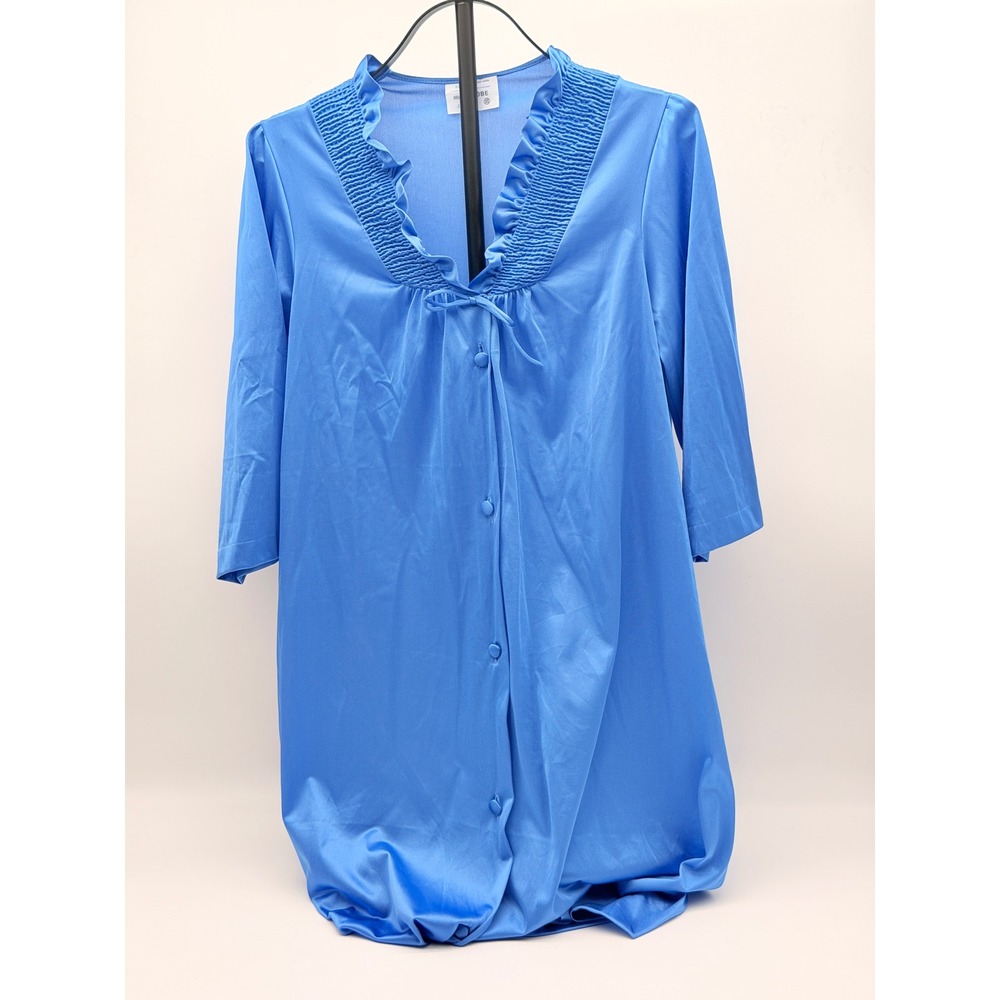 Vintage JCPenney Blue Satin Robe Smocked Ruffle Neck Button Front XS Nightgown
